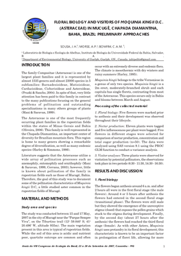 Floral Biology and Visitors of Moquinia Kingii D.C. (Asteraceae) in Mucugê, Chapada Diamantina, Bahia, Brazil: Preliminary Approaches