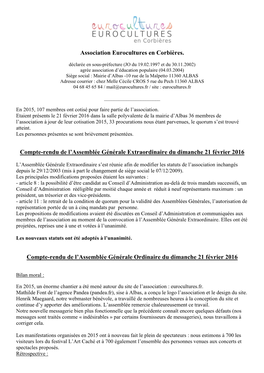 Association Eurocultures En Corbières. Compte-Rendu De L'assemblée