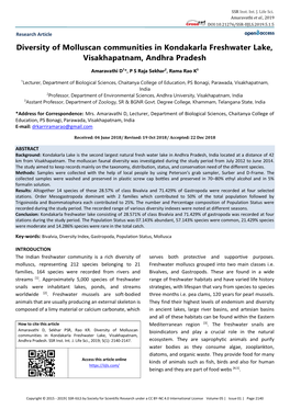 Diversity of Molluscan Communities in Kondakarla Freshwater Lake, Visakhapatnam, Andhra Pradesh