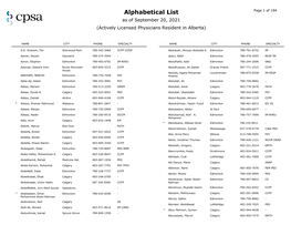 Alphabetical List Page 1 of 194 As of September 20, 2021 (Actively Licensed Physicians Resident in Alberta)
