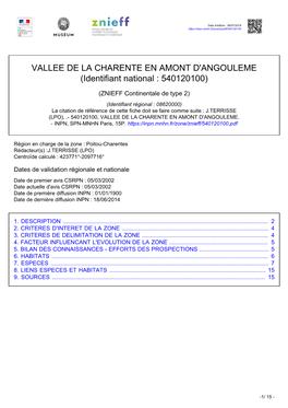 VALLEE DE LA CHARENTE EN AMONT D'angouleme (Identifiant National : 540120100)