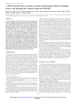 A 700-Kb Physical Map of a Region of 16Q23.2 Homozygously Deleted in Multiple Cancers and Spanning the Common Fragile Site FRA16D1