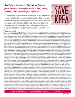 An Open Letter to Summer Reese from Listeners & Staff at KPFA, KPFK, WBAI, WPFW, KPFT and Pacifica Affiliates