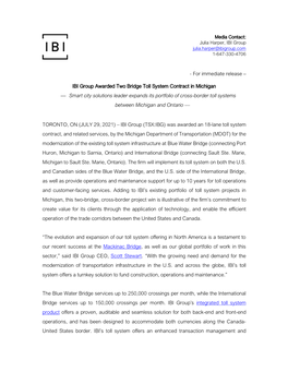 for Immediate Release – IBI Group Awarded Two Bridge Toll System Contract in Michigan — Smart City Solutions Leader Expand