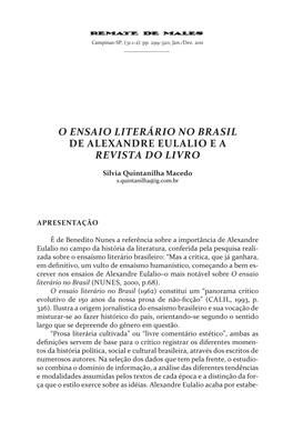 O Ensaio Literário No Brasil De Alexandre Eulalio E a Revista Do Livro