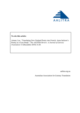 The AALITRA Review: a Journal of Literary Translation 13 (December 2018): 6-20