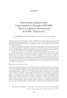 Trayectorias: Música Entre Latinoamérica Y Europa 1970-2000 Tercera Conferencia Internacional De La Red “Trayectorias”