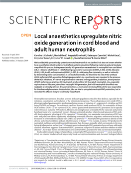 Local Anaesthetics Upregulate Nitric Oxide Generation in Cord Blood and Adult Human Neutrophils Received: 3 April 2018 Karolina I