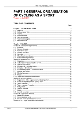 PART 1 GENERAL ORGANISATION of CYCLING AS a SPORT Version on 22.07.2021