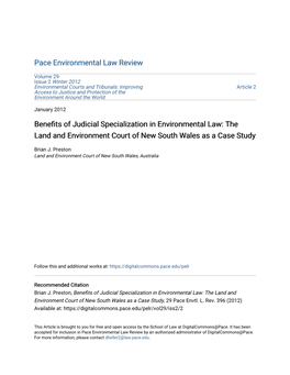 Benefits of Judicial Specialization in Environmental Law: the Land and Environment Court of New South Wales As a Case Study