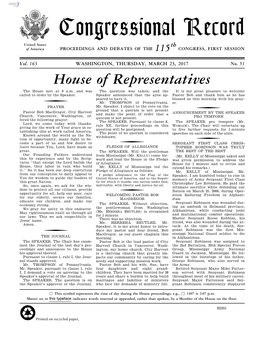 Congressional Record United States Th of America PROCEEDINGS and DEBATES of the 115 CONGRESS, FIRST SESSION