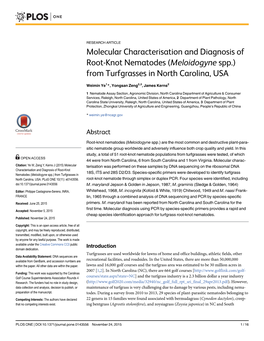 Molecular Characterisation and Diagnosis of Root-Knot Nematodes (Meloidogyne Spp.) from Turfgrasses in North Carolina, USA