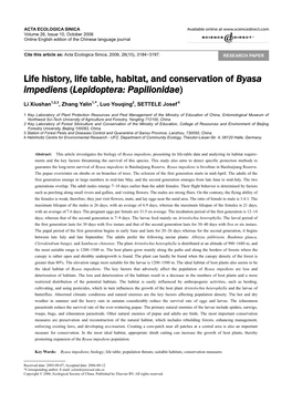 Life History, Life Table, Habitat, and Conservation of Byasa Impediens (Lepidoptera: Papilionidae)