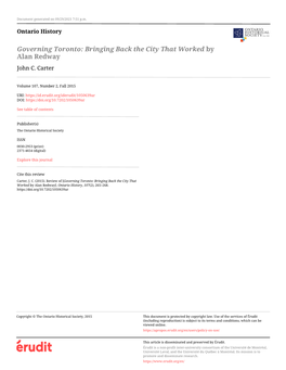 Bringing Back the City That Worked by Alan Redway John C