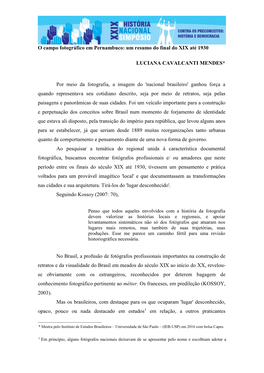 O Campo Fotográfico Em Pernambuco: Um Resumo Do Final Do XIX Até 1930