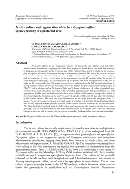 In Vitro Culture and Regeneration of the Fern Dryopteris Affinis, Species Growing in a Protected Area