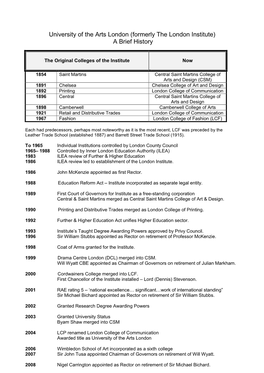 (Formerly the London Institute) a Brief History