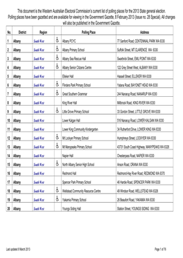 This Document Lists the Western Australian Electoral Commission's Intended Polling Place Locations for the 2013 State Genera