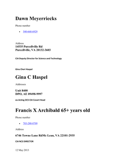 Dawn Meyerriecks Gina C Haspel Francis X Archibald 65+ Years