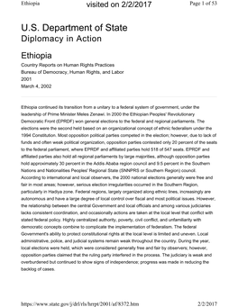 U.S. Department of State Diplomacy in Action Ethiopia Country Reports on Human Rights Practices Bureau of Democracy, Human Rights, and Labor 2001 March 4, 2002