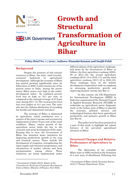 Growth and Structural Transformation of Agriculture in Bihar