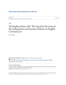 The Need for Revision of the Automatism and Insanity Defenses in English Criminal Law
