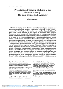 Protestant and Catholic Medicine in the Sixteenth Century? the Case of Ingolstadt Anatomy