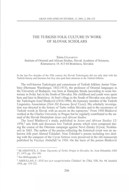 The Turkish Folk Culture in Work of Slovak Scholars