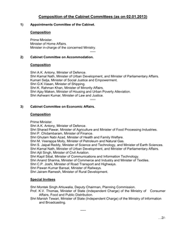 Composition of the Cabinet Committees (As on 02.01.2013)