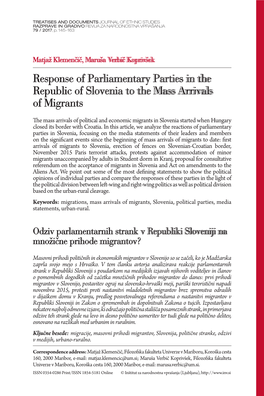 Response of Parliamentary Parties in the Republic of Slovenia to the Mass Arrivals of Migrants