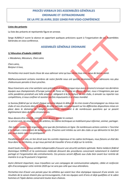 Procès Verbaux Des Assemblées Générales Ordinaire Et Extraordinaire De La Ffe 26 Avril 2020 10H00 Par Visio-Conférence As