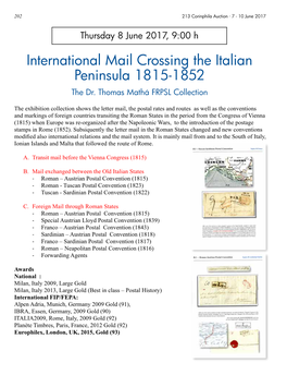 International Mail Crossing the Italian Peninsula 1815-1852 the Dr