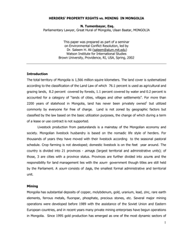 HERDERS' PROPERTY RIGHTS Vs. MINING in MONGOLIA