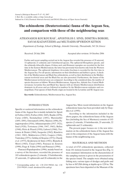 The Echinoderm (Deuterostomia) Fauna of the Aegean Sea, and Comparison with Those of the Neighbouring Seas