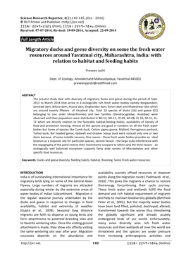 Migratory Ducks and Geese Diversity on Some the Fresh Water Resources Around Yavatmal City, Maharashtra, India: with Relation to Habitat and Feeding Habits