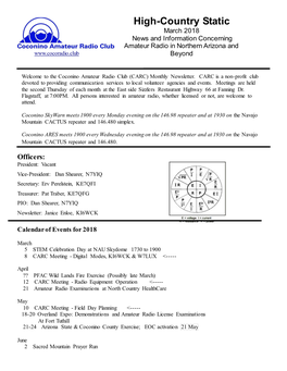 High-Country Static March 2018 News and Information Concerning Amateur Radio in Northern Arizona and Beyond