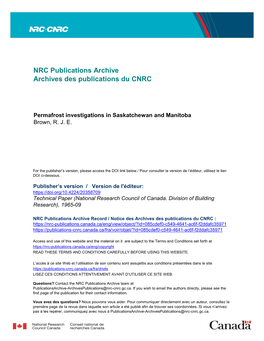 Permafrost Investigations in Saskatchewan and Manitoba Brown, R