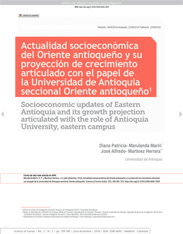 Actualidad Socioeconómica Del Oriente Antioqueño Y Su Proyección