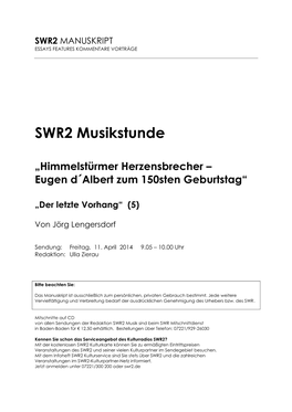 SWR2 Musikstunde „Himmelstürmer Herzensbrecher – Eugen D´Albert