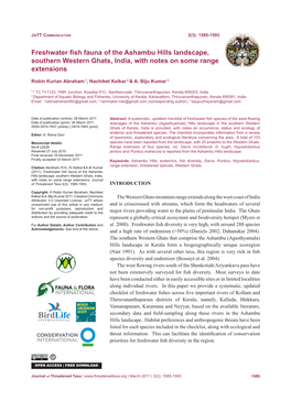 Freshwater Fish Fauna of the Ashambu Hills Landscape, Southern Western Ghats, India, with Notes on Some Range Extensions