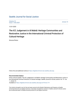 The ICC Judgement in Al Mahdi: Heritage Communities and Restorative Justice in the International Criminal Protection of Cultural Heritage