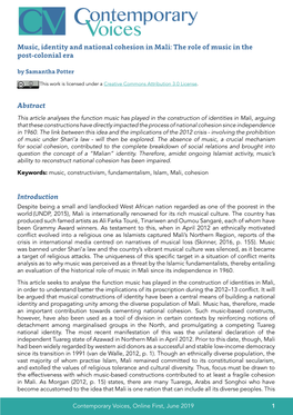 Music, Identity and National Cohesion in Mali: the Role of Music in the Post-Colonial Era by Samantha Potter