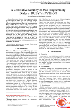 A Correlative Scrutiny on Two Programming Dialects: RUBY Vs PYTHON Sarath Chandran, Kochumol Abraham