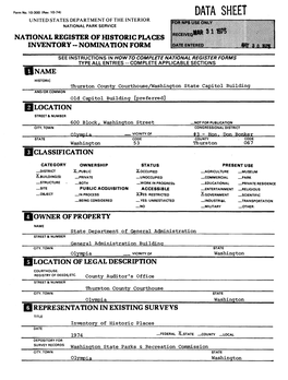 Data Sheet United States Department of the Interior National Park Service National Register of Historic Places Inventory - Nomination Form