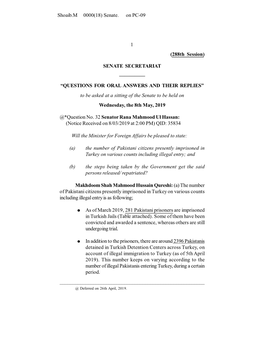 QUESTIONS for ORAL ANSWERS and THEIR REPLIES” to Be Asked at a Sitting of the Senate to Be Held on Wednesday, the 8Th May, 2019