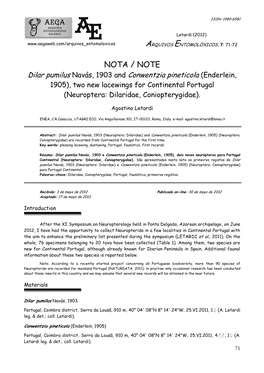 NOTA / NOTE Dilar Pumilus Navás, 1903 and Conwentzia Pineticola (Enderlein, 1905), Two New Lacewings for Continental Portugal (Neuroptera: Dilaridae, Coniopterygidae)