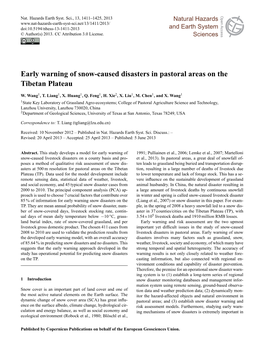 Early Warning of Snow-Caused Disasters in Pastoral Areas on the Discussions Open Access Open Access Tibetan Plateau Atmospheric Atmospheric Measurement Measurement W