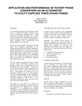 Application and Performance of Rotary Phase Converters As an Alternative to Utility Supplied Three-Phase Power