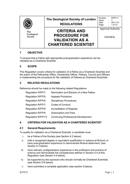 Regulation R/FP/11: Criteria and Procedure for Validation As a Chartered Scientist