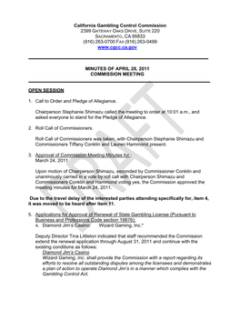 California Gambling Control Commission SACRAMENTO, CA 95833 (916) 263-0700 F AX (916) 263-0499 MINUTES of APRIL
